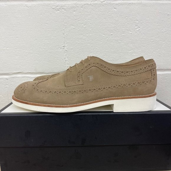 Tod's Men's Beige Suede Wingtip Oxford Dress Shoes Men's Size 9.5 Made In Italy - Picture 4 of 9